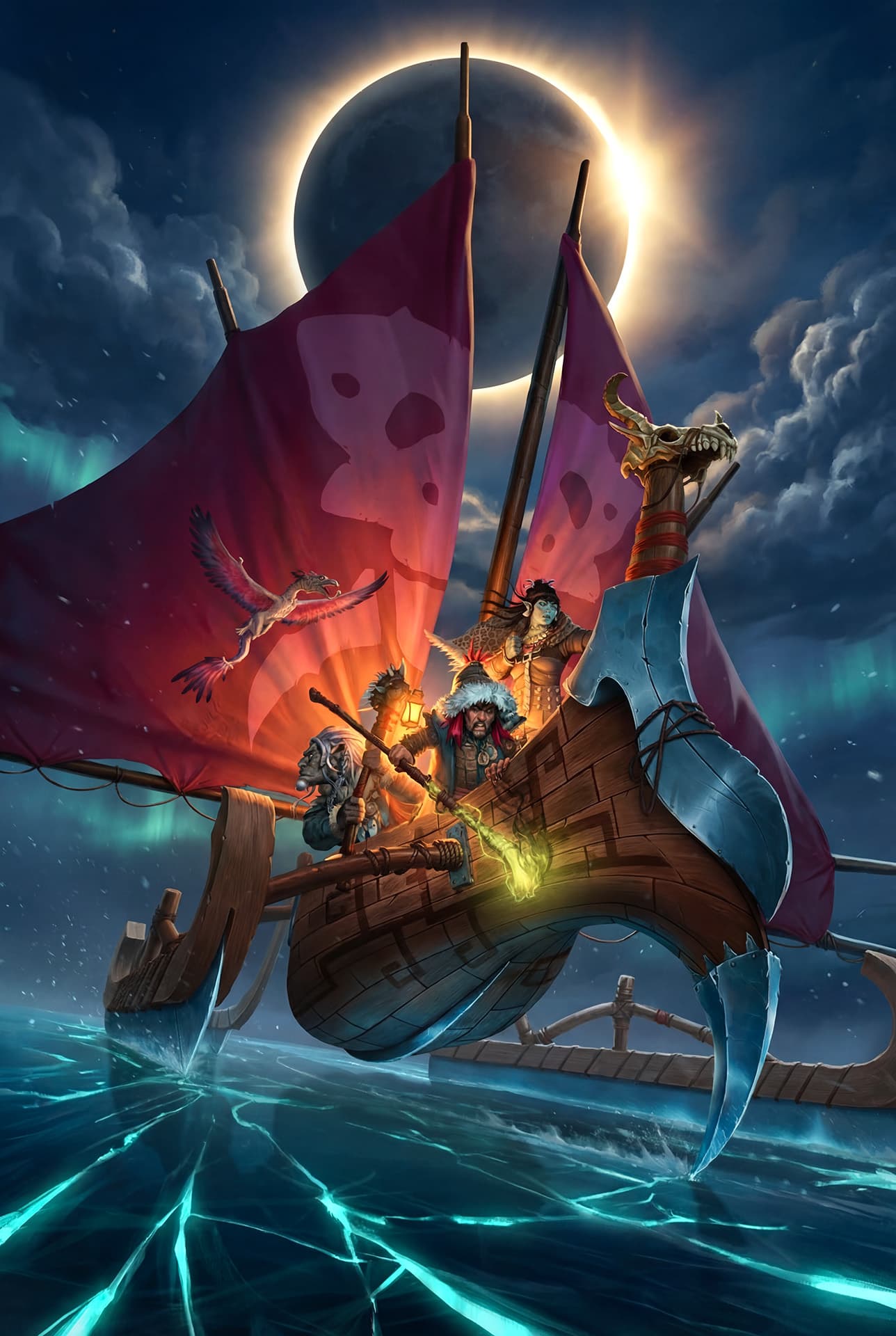 A bladeship crew sails across cracked teal ice beneath a solar eclipse — Azuhl campaign art